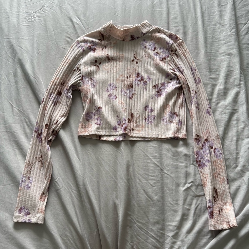 Floral Ribbed Mock Neck Long Sleeve Top